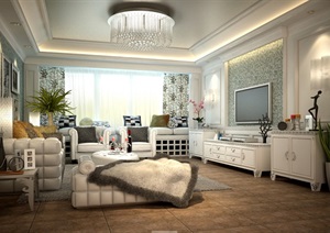 美式完整的客厅空间设计3d模型及效果图