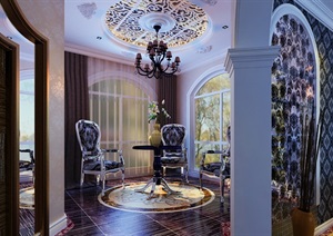 美式详细完整的客厅空间装饰3d模型