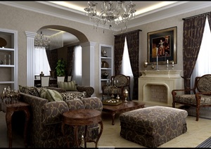 欧式详细完整的室内客厅空间装饰设计3d模型