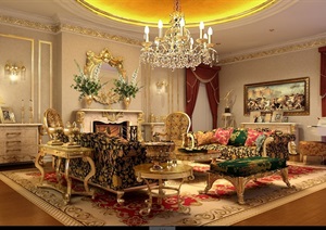 某美式详细完整的客厅装饰空间3d模型