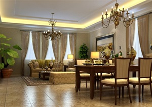 欧式风格详细的客餐厅空间3d模型