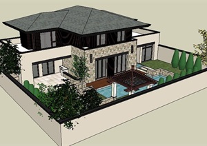 新古典风格别墅建筑及庭院设计SU(草图大师)场景模型