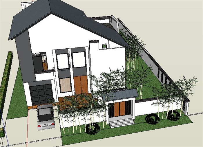 中式二层别墅建筑及局部庭院景观su模型(1)