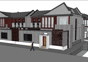新中式联排双拼别墅住宅建筑设计SU(草图大师)模型