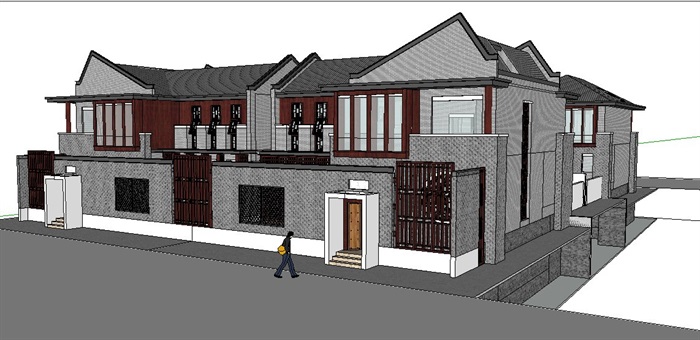 新中式联排双拼别墅住宅建筑设计su模型(1)