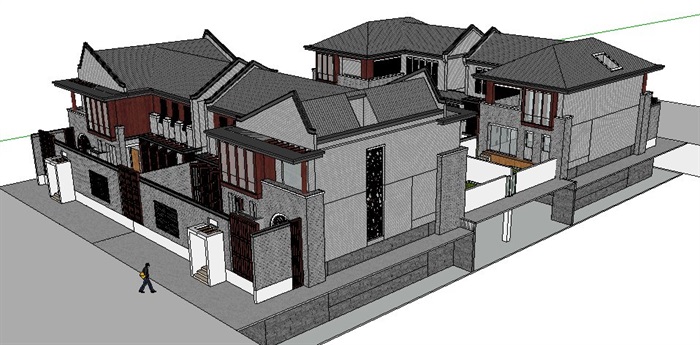 新中式联排双拼别墅住宅建筑设计su模型(3)