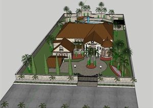 某欧式别墅建筑及庭院景观SU(草图大师)模型