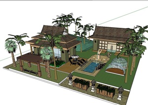 东南亚风格别墅及庭院花园模型