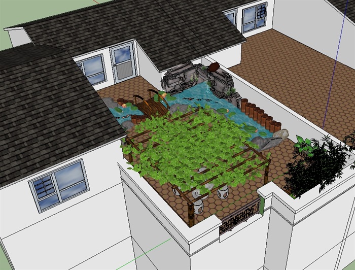 中式屋顶庭院花园模型(3)