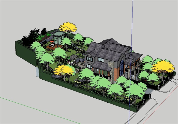某欧式详细的别墅庭院花园及建筑模型(1)