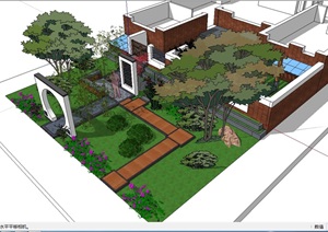 某现代详细的庭院花园模型