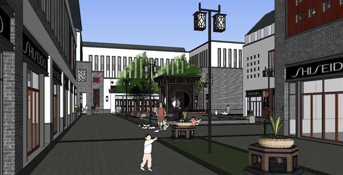 精细新中式商业街步行街su模型设计