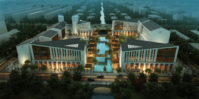 新中式水街商业街su模型设计(1)