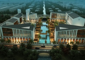 新中式水街商业街SU(草图大师)模型设计