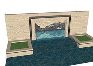 中式风格景墙及叠水池SU(草图大师)模型