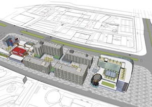 商业街建筑设计SU(草图大师)模型及cad方案
