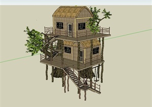 精致的防腐木树屋别墅设计SU(草图大师)模型