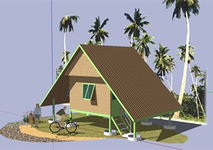 东南亚单层防腐木木屋别墅模型
