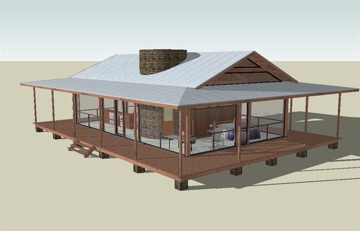 欧式精致的防腐木木屋别墅模型(1)