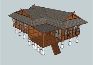 东南亚精致的防腐木木屋建筑SU(草图大师)模型