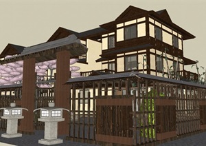 日式枯山水风格双拼别墅建筑方案SU(草图大师)模型