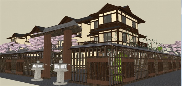 日式枯山水风格双拼别墅建筑方案SU模型(1)