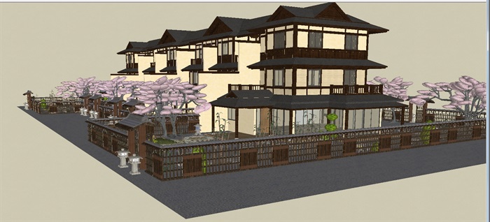 日式枯山水风格双拼别墅建筑方案SU模型(5)