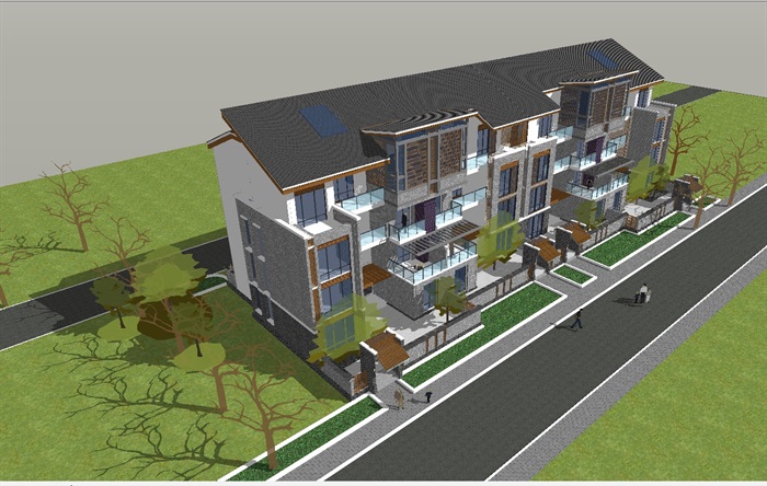 新中式联排别墅建筑ＳＵ模型(1)