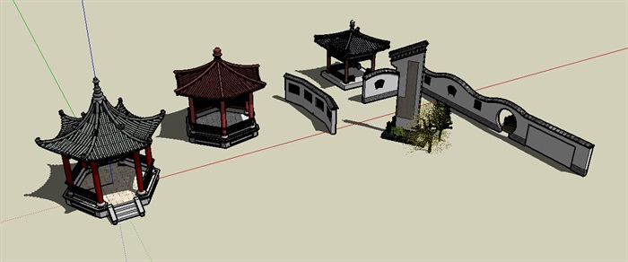 中式完整的亭子及围墙设计su模型