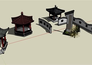 中式完整的亭子及围墙设计SU(草图大师)模型