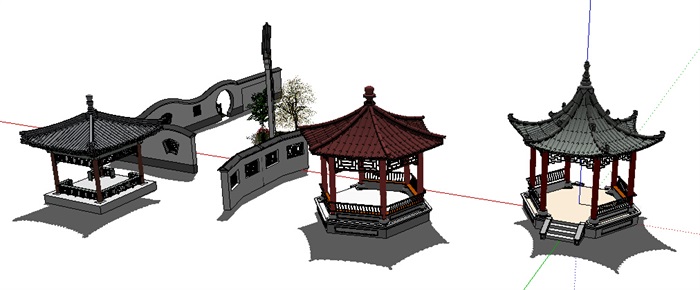 中式完整的亭子及围墙设计su模型