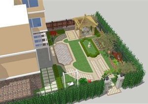 美式详细别墅庭院花园设计SU(草图大师)模型