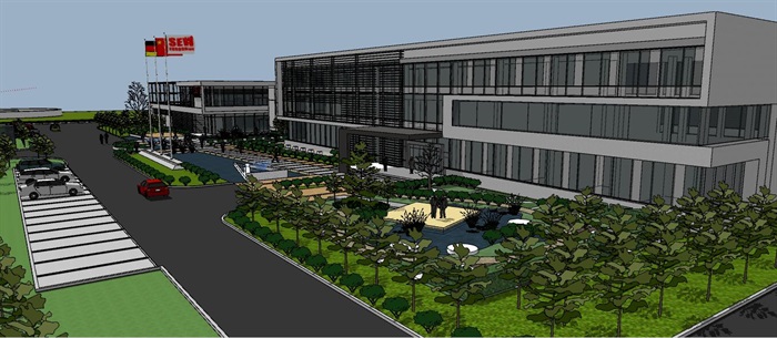 工厂建筑景观规划SU模型（厂房+办公楼）(2)