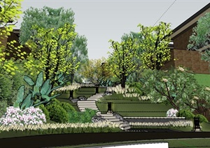 中式别墅台地花园景观设计SU(草图大师)模型