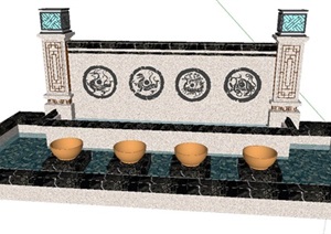中式浮雕景墙及水池SU(草图大师)模型