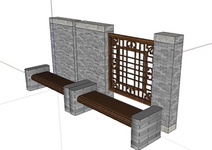 中式详细景墙及坐凳SU(草图大师)模型
