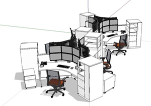 监控室办公桌椅SU(草图大师)模型