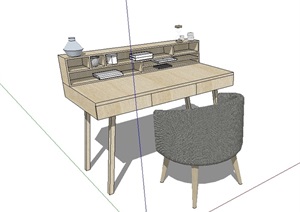 室内详细木质办公桌椅SU(草图大师)模型