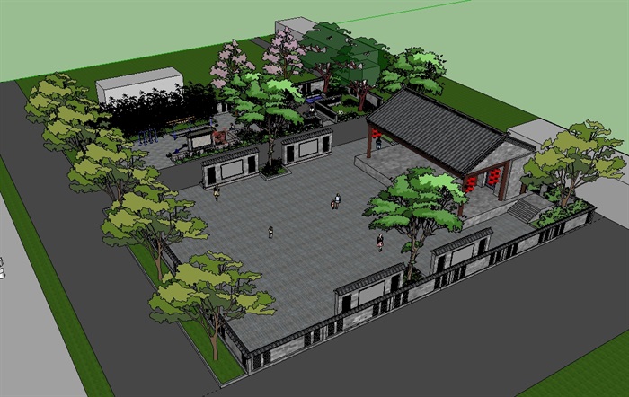 中式详细的文化广场景观su模型(2)