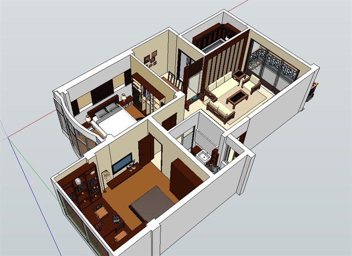 二室中式室內裝飾su模型原創