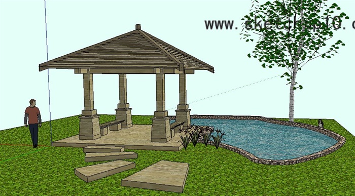 中式风格木亭及景观水池su模型(2)
