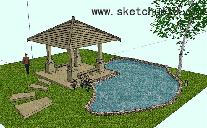 中式风格木亭及景观水池su模型(3)