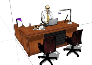 木质详细的办公桌椅SU(草图大师)模型