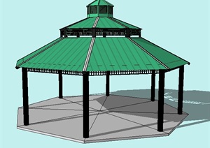 中式绿色顶八角亭设计SU(草图大师)模型