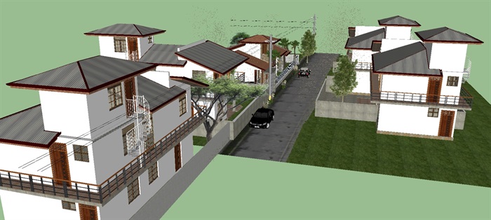 日式风格别墅民居建筑群方案SU模型(6)