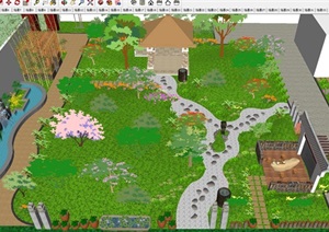 新中式私人庭院花园景观方案ＳＵ模型
