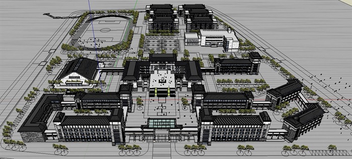 新中式中学规划建筑设计su模型