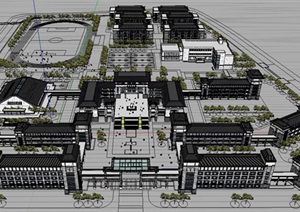 新中式中学规划建筑设计SU(草图大师)模型