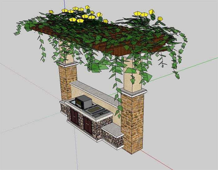 园林景观廊架及烧烤台设计su模型(4)