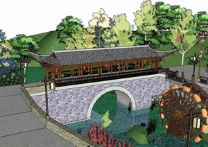 中式风格滨水廊桥景观SU(草图大师)模型
